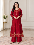 Maroon Floral Embroidered Kurta Set with Palazzo