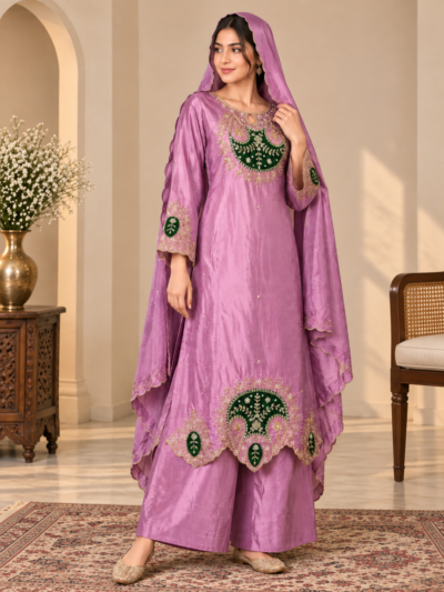 Lavender Embroidered Kurta Set with Palazzo & Dupatta