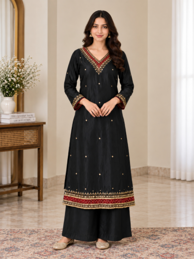 Black Embroidered Kurta Set with Palazzo
