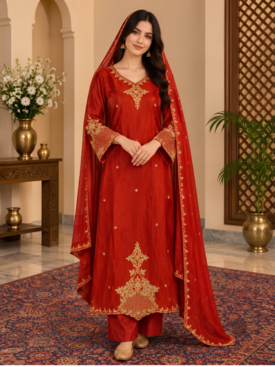 Red Gold Embroidered Kurta Set with Palazzo & Dupatta