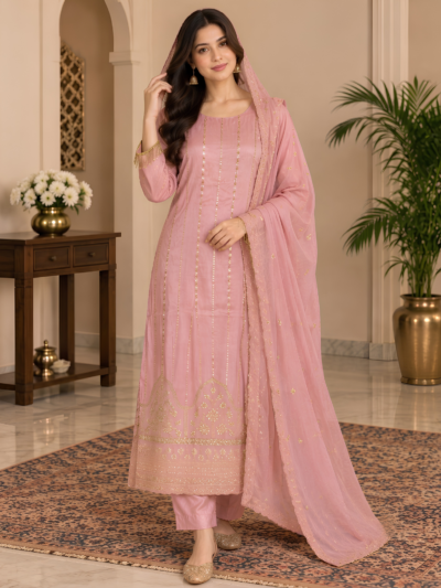 Pink Embroidered Kurta Set with Palazzo & Dupatta