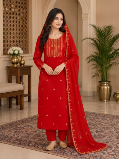 Red Embroidered Kurta Set with Palazzo & Dupatta