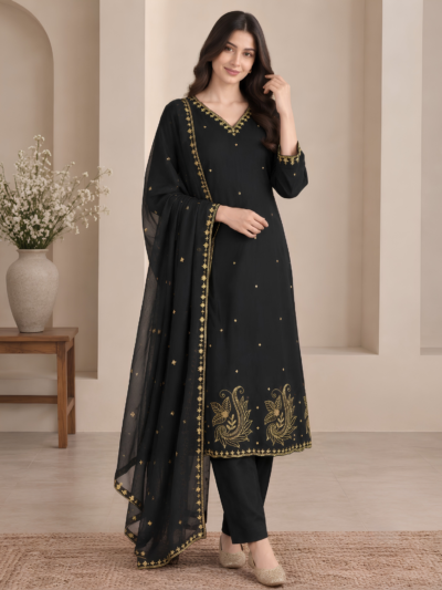 Black Floral Embroidered Kurta Set with Palazzo & Dupatta