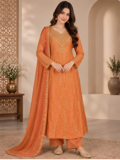 Orange Embroidered Kurta Set with Palazzo & Dupatta
