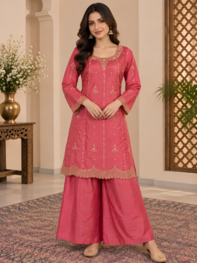 Pink Gold Embroidered Kurta Set with Palazzo