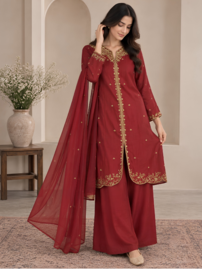 Maroon Zari Embroidered Kurta Set with Palazzo & Dupatta