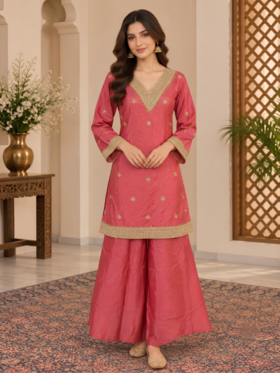 Rose Pink Embroidered Kurta Set with Palazzo