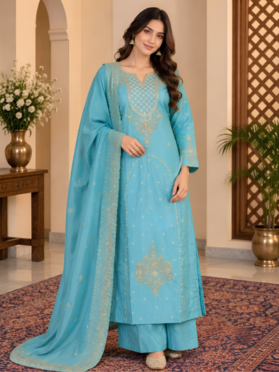 Turquoise Embroidered Kurta Set with Palazzo & Dupatta