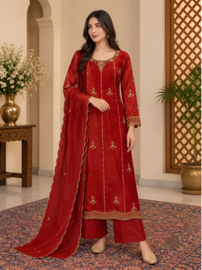Red Embroidered Kurta Set with Palazzo & Dupatta